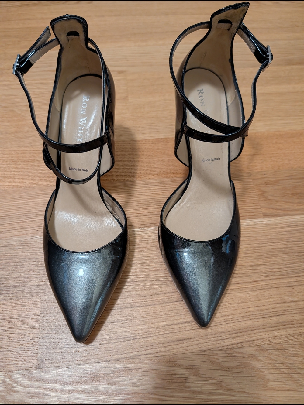 Patent Silver To Black Pointed-Toe Ankle-Strap Heels
